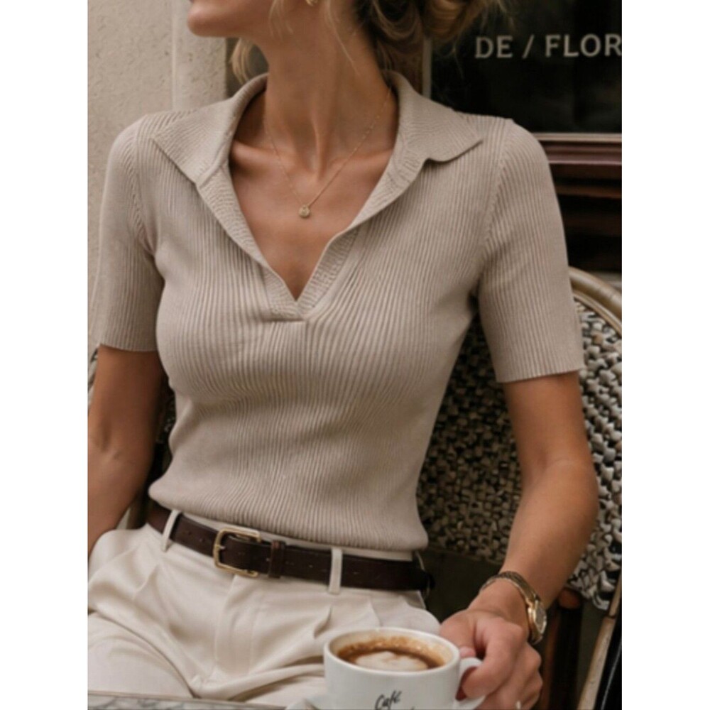Ribbed Knit Top M Beige Vneck Quiet Luxury Granolagirl Clean Girl Earth Girl